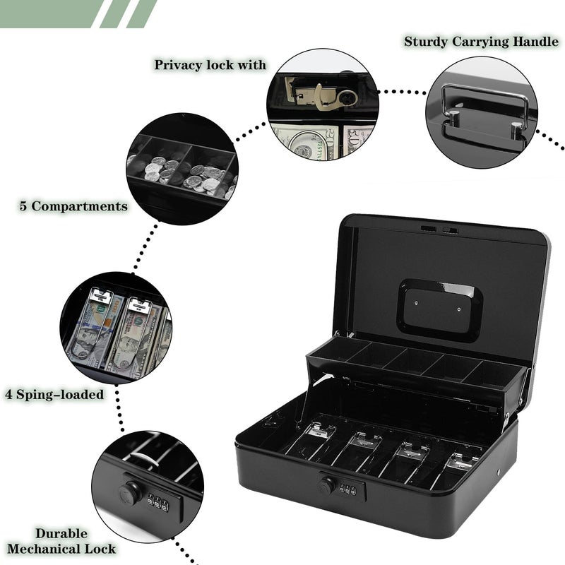 PACOLO Secure Locking Cash Box with Key or comnination, Money Tray, and Organizer - Metal Money Safe for Cash Management, 11.8" x 9.4" x 3.5" (Black Combination) - Image 4